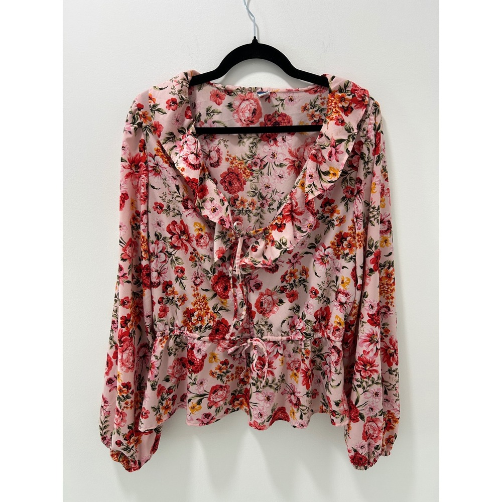 Old Navy Pink Floral Ruffle V-Neck Peplum Tie Front Blouse Long Sleeve Tall L - Picture 1 of 11